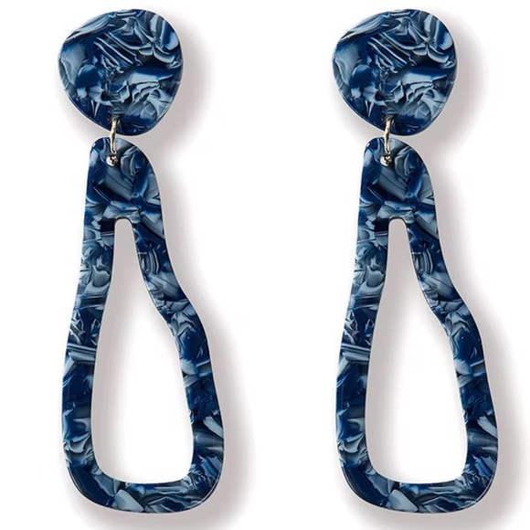 Abstract Blue Geometric Dangle Earrings Marbled Swirl Navy Abstract Dangle 3” - Picture 2 of 11